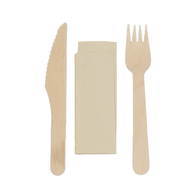 500 Stück/Karton Holzbesteck Set 16cm - Gabel,Messer&Serviette