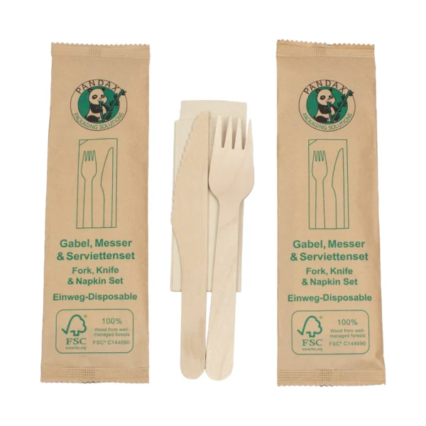 500 Stück/Karton Holzbesteck Set 16cm - Gabel,Messer&Serviette – Bild 3