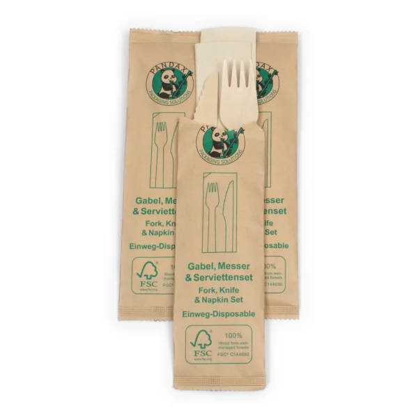 500 Stück/Karton Holzbesteck Set 16cm - Gabel,Messer&Serviette – Bild 4